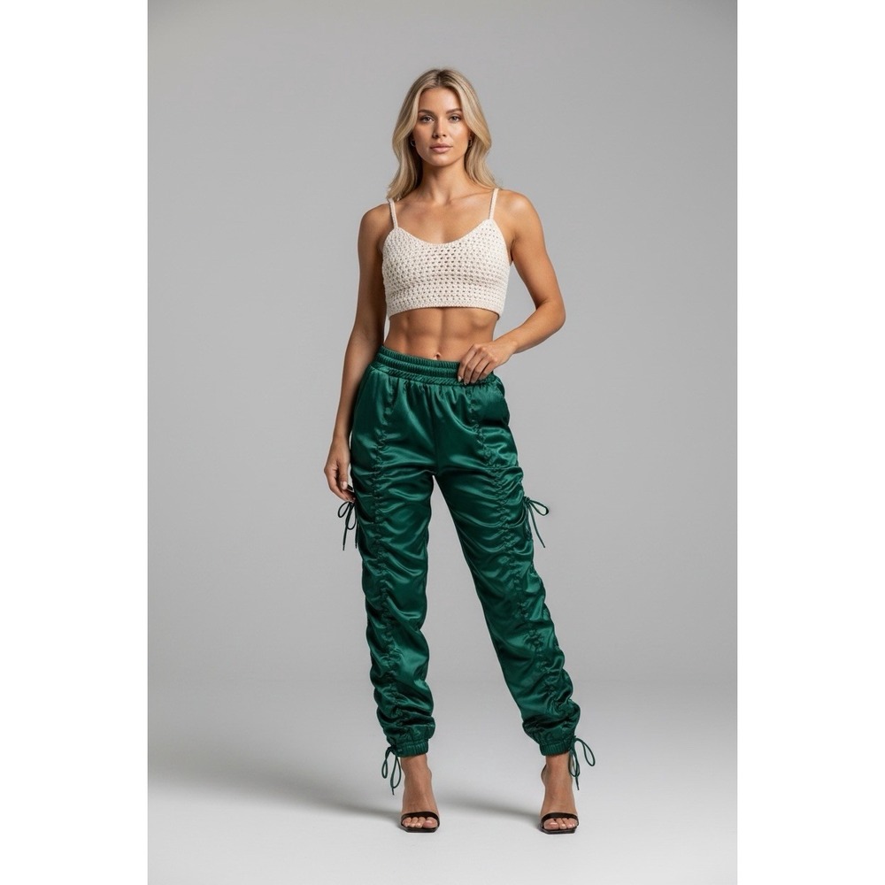 NEW MANIERE DE VOIR NYLON BUNGEE RUCHED CARGO PANTS LADIES SIZE 6 Dark Green